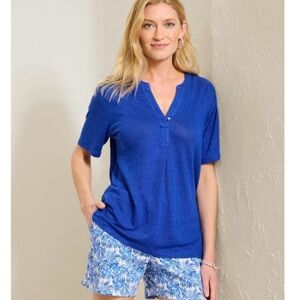 NWT! Tommy Bahama Linnea Linen Short Sleeve Placket T-Shirt Medium Blue